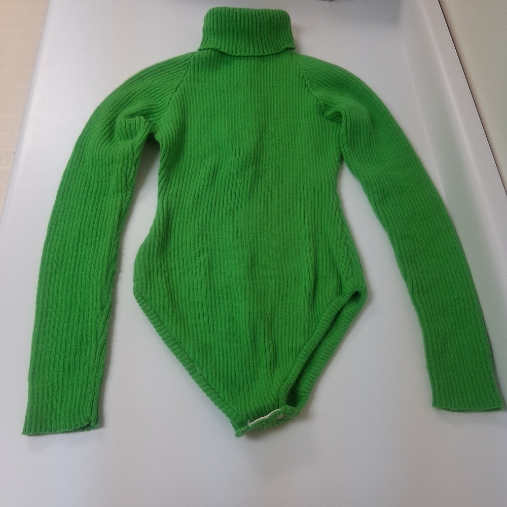 Vintage 60s Green Ribbed Knit Turtleneck Bodysuit Mod GoGo Y2K Twiggy Sm. L.A.I.
